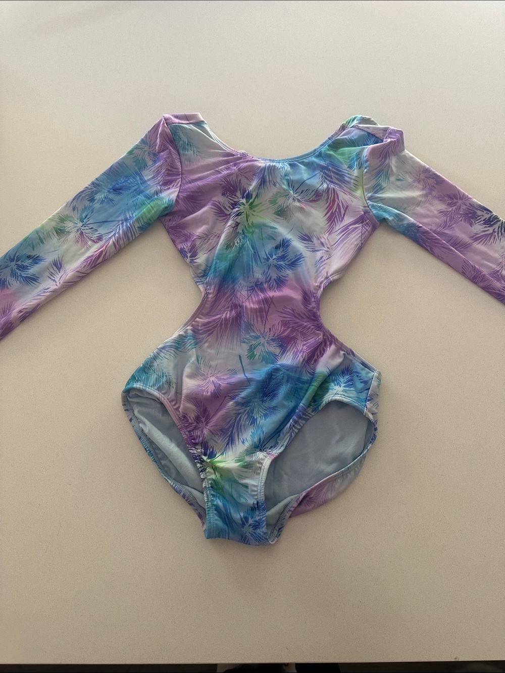 Tropical Palm Print Long Sleeve One Piece Swimsuit - Pastel Tie-Dye